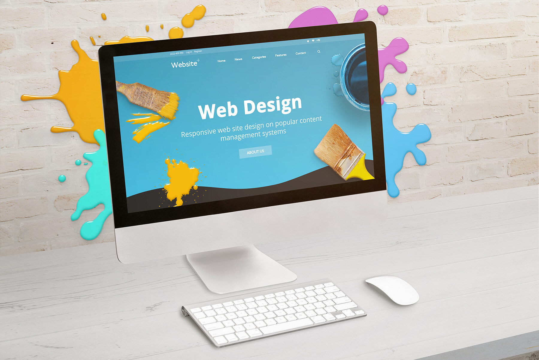 Concept of web design studio with coimputer display and color dr