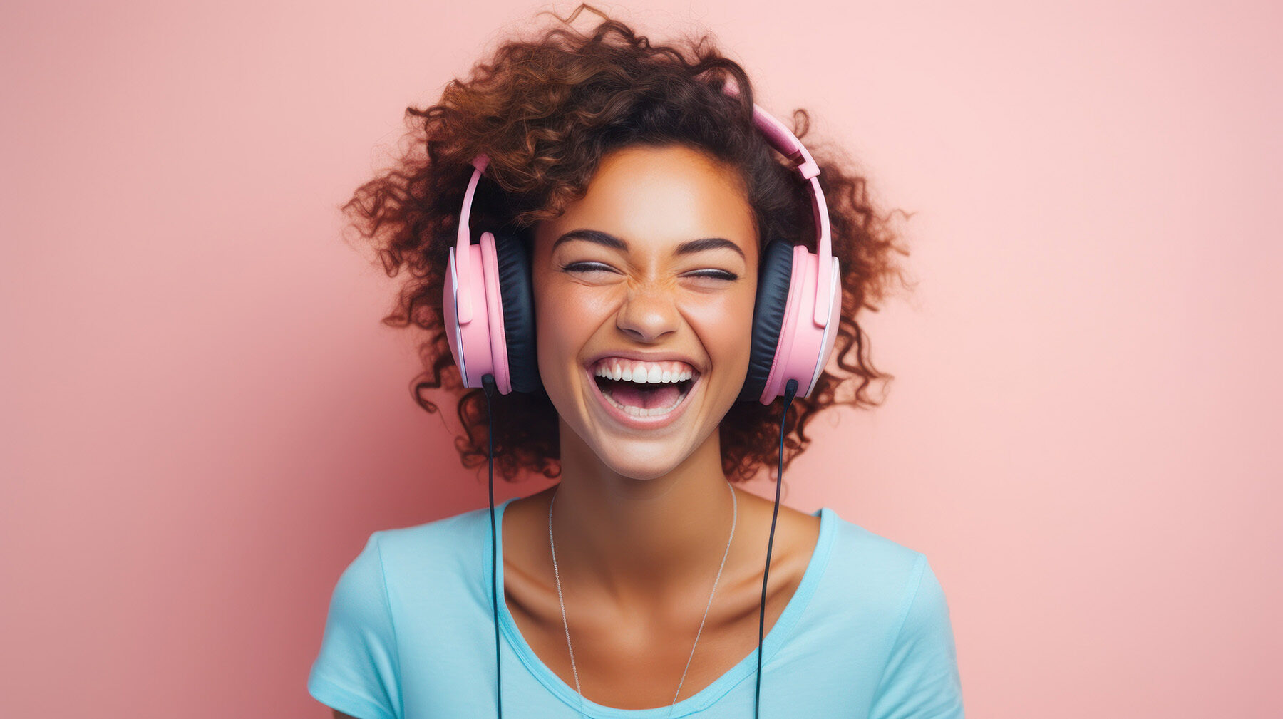 Black young woman content creator cheerful wearing headphone on the pastel background