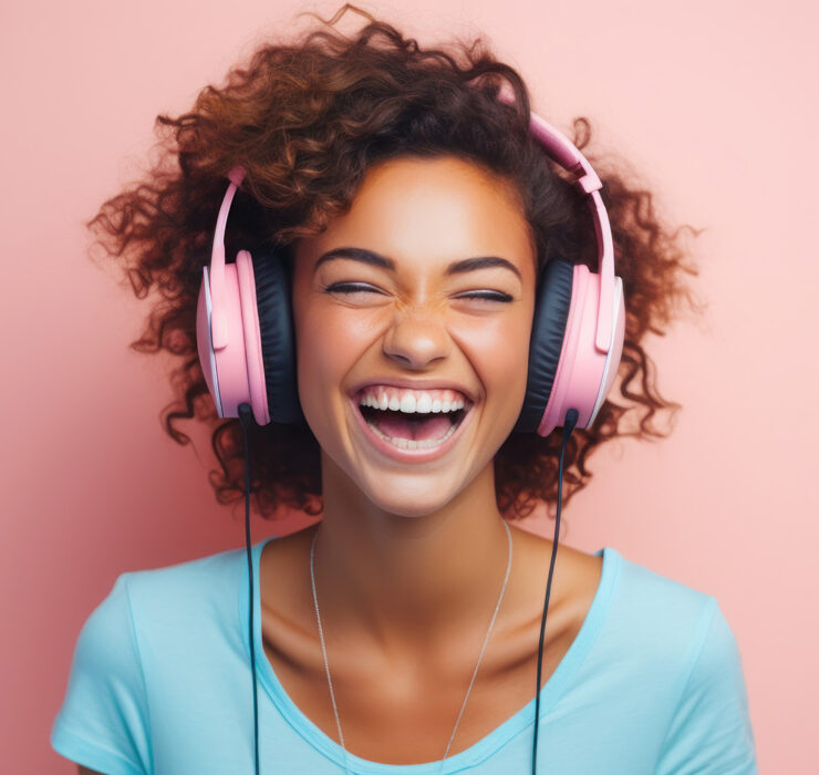 Black young woman content creator cheerful wearing headphone on the pastel background