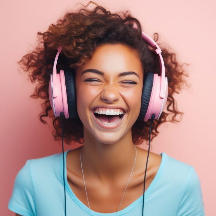 Black young woman content creator cheerful wearing headphone on the pastel background