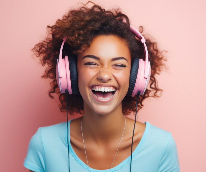 Black young woman content creator cheerful wearing headphone on the pastel background