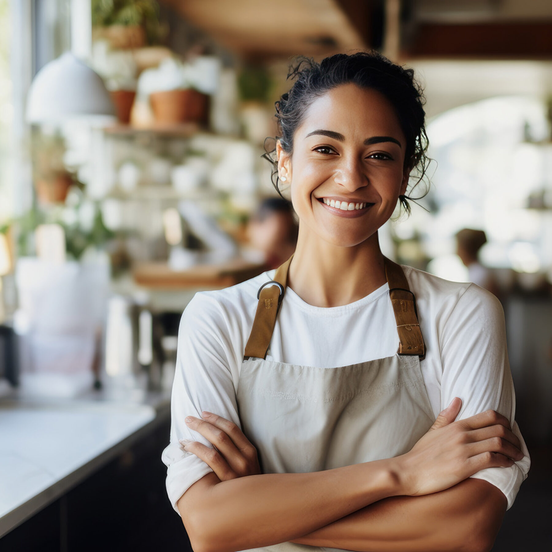 Cafeteria server coffee shop waitress or confident manager work