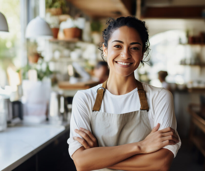 Cafeteria server coffee shop waitress or confident manager work