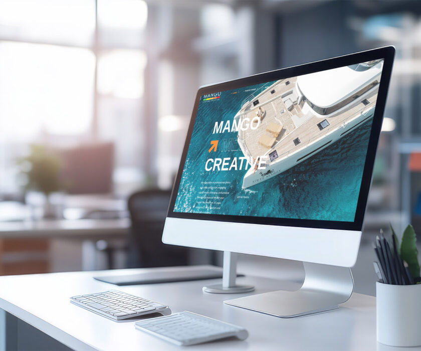 Modern computer display on an office desk with a web design stud